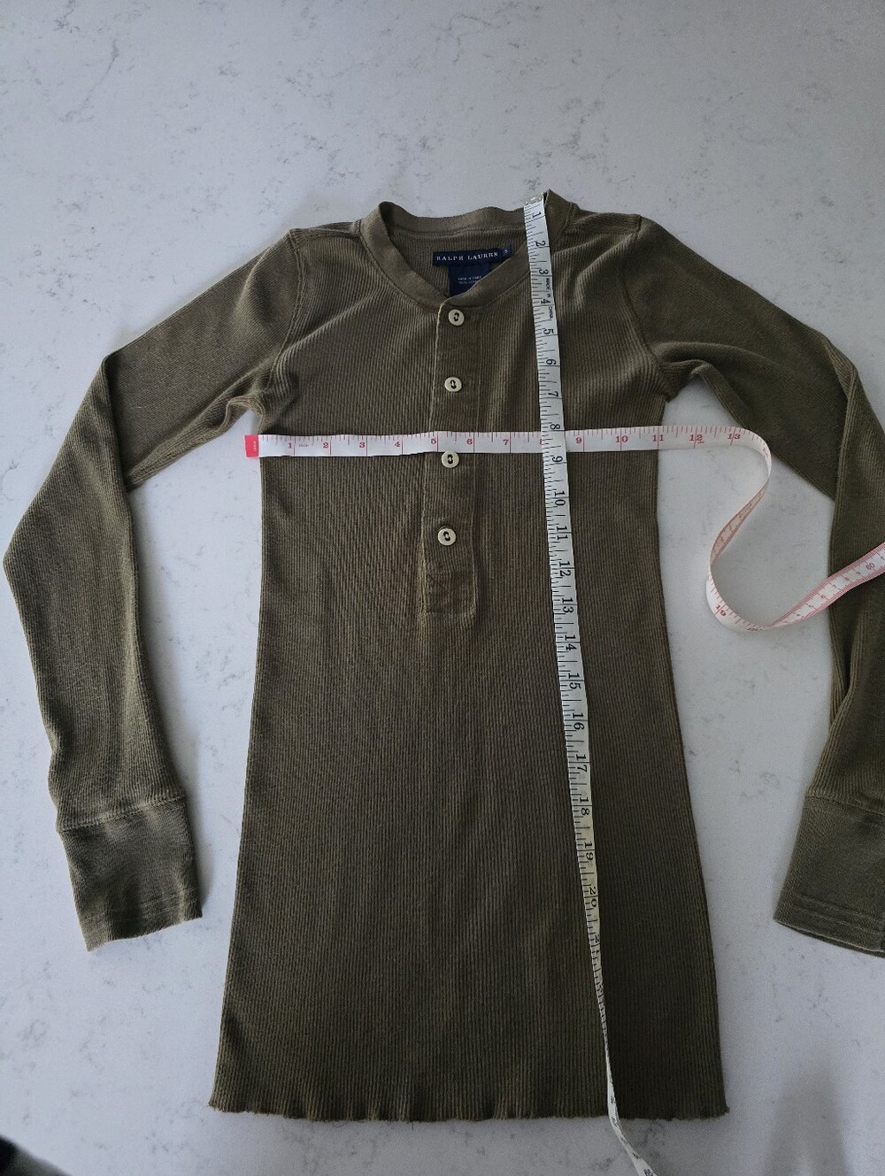Vintage Ralph Lauren 100% Cotton Ribbed Henley Top Olive Fitted Long Sleeve S - Picture 6 of 6